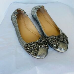 Tory Burch women’s flats rhinestone bows 7.5 silver metallic